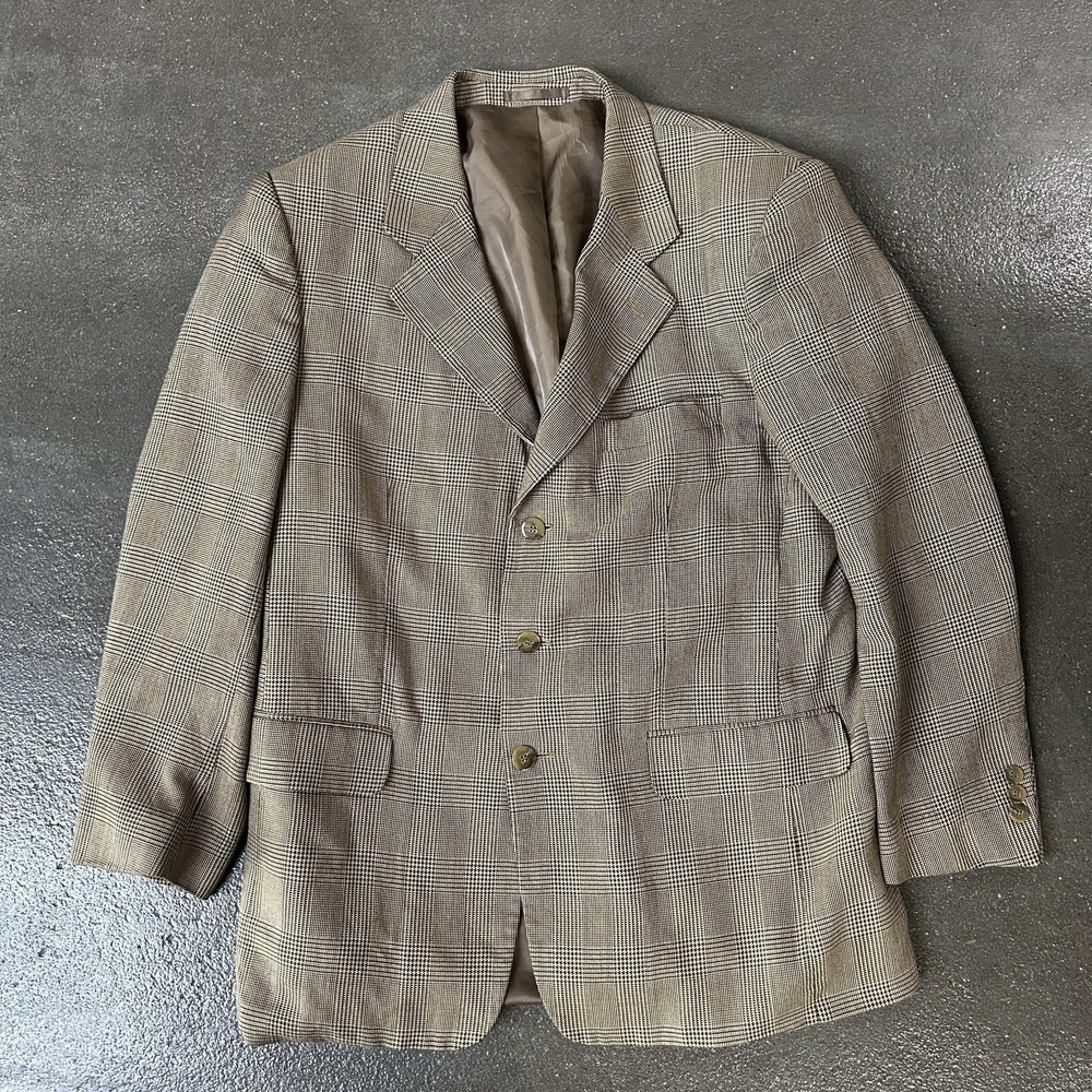 Plaid Blazer Jacket Mens 44 Brown Check Sport Coat 3 Button Classic Business
